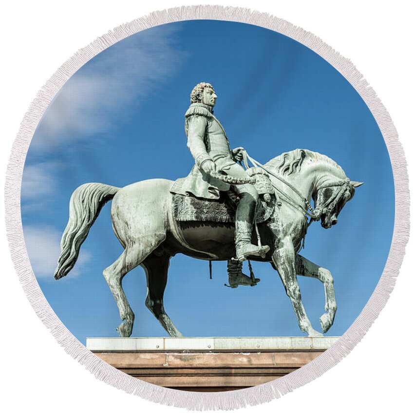 2010s; 2018; Oslo; Norway; May; Spring; Slottsparken; Soldier; Horse; Plaza; King Carl Johan; Scandinavia; Color Image; Color Photo; Color Photograph; Format 2:3; Aspect Ratio 2:3; Horizontal Format; Orientation Landscape; Sculpture; Statue; Color Pictures; Color Images Round Beach Towel featuring the photograph 201805040-030 King Carl Johan and Horse by Alan Tonnesen