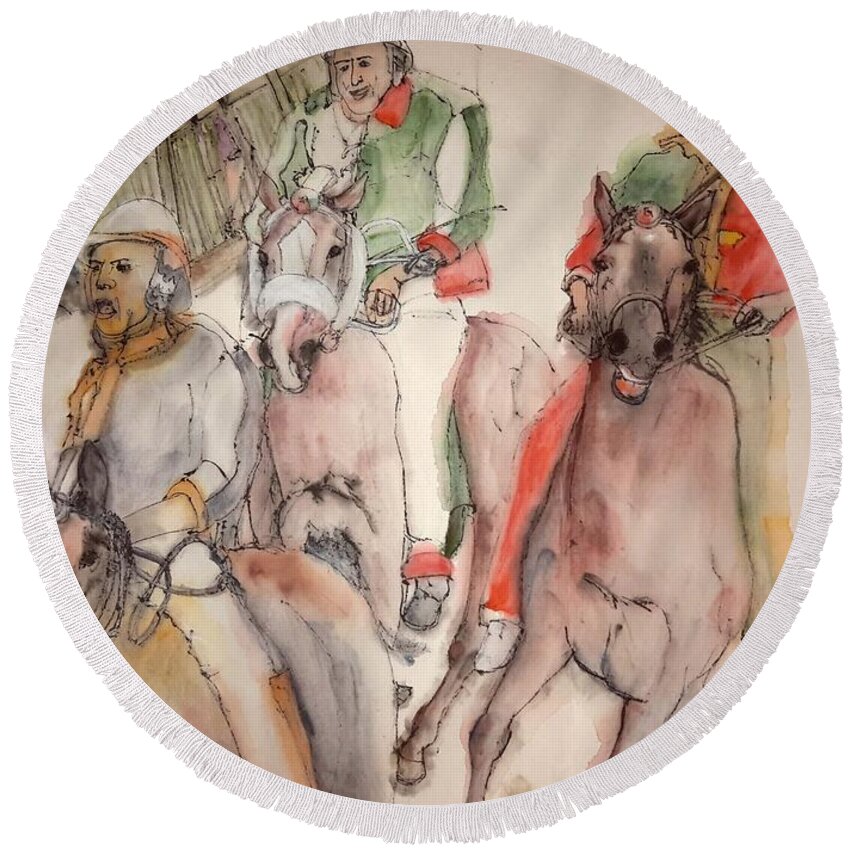 Il Palio. Siena. Italy. Horserace. Medieval. Event. Lupa. Contrada Round Beach Towel featuring the painting IL Palio contrada Lupa album #21 by Debbi Saccomanno Chan
