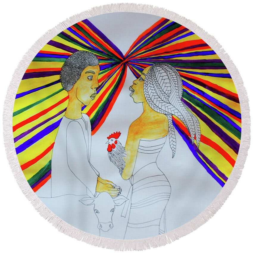 Jesus Round Beach Towel featuring the painting Kintu and Nambi a Ugandan Folktale #22 by Gloria Ssali