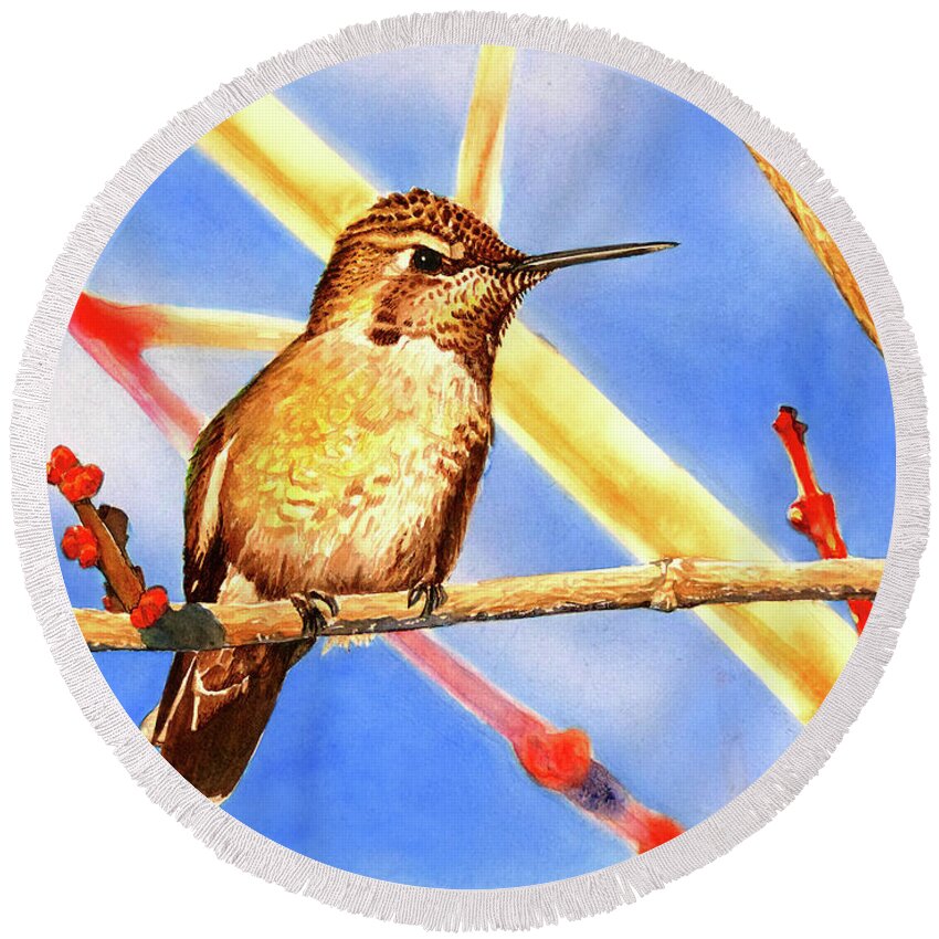 Humming Bird Round Beach Towel featuring the painting #235 Hummingbird #235 by William Lum