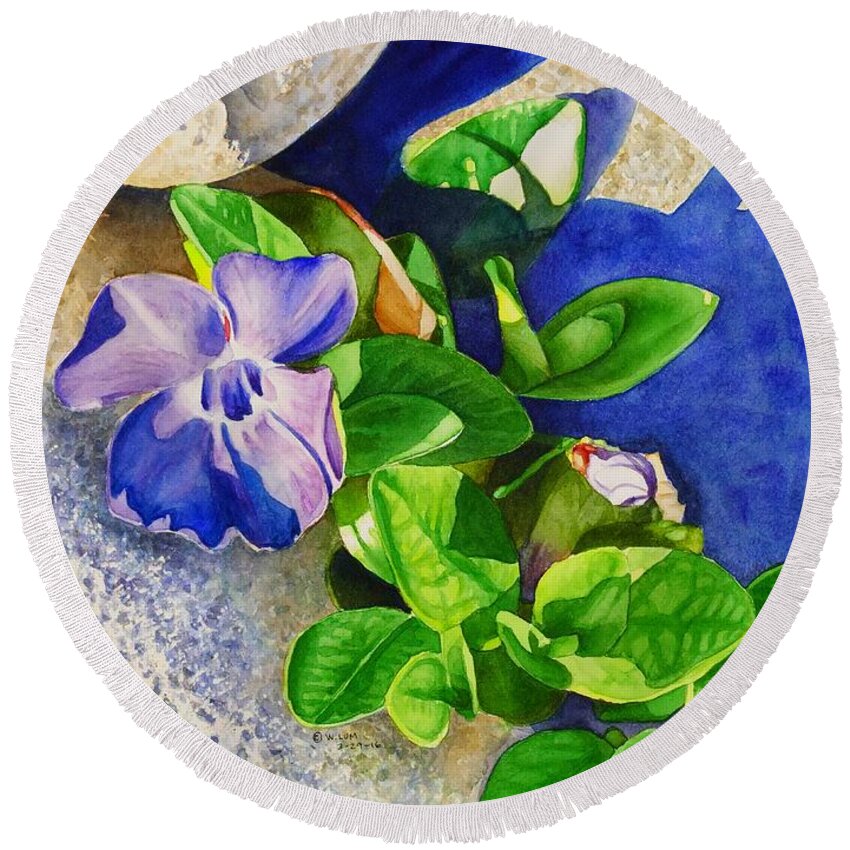 Floral Round Beach Towel featuring the painting #236 Vinca minor #236 by William Lum