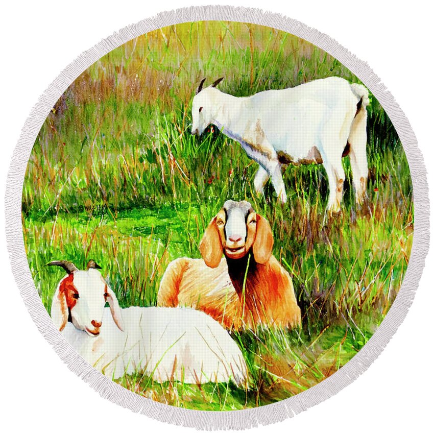 Roseville Round Beach Towel featuring the painting #294 Roseville Goats #294 by William Lum