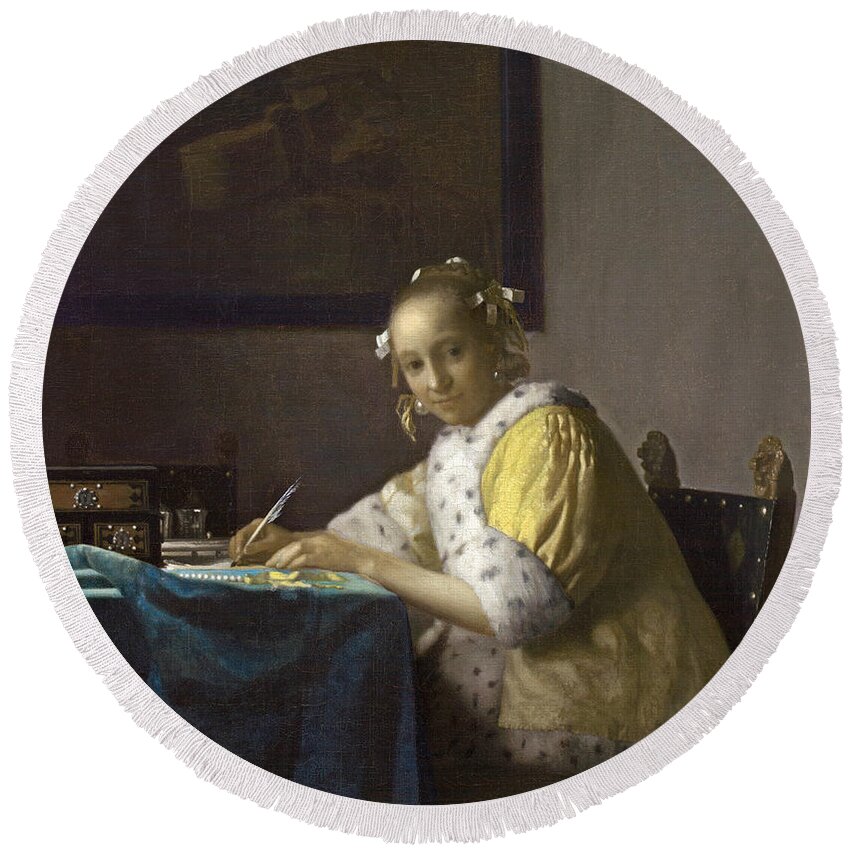 Johannes Vermeer Round Beach Towel featuring the painting A Lady Writing #3 by Johannes Vermeer