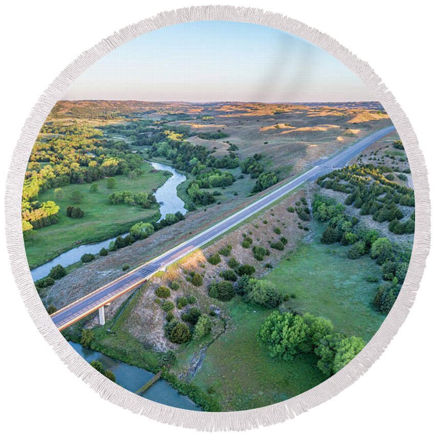 Dismal River Round Beach Towel featuring the photograph aerial view of Dismal River in Nebraska #3 by Marek Uliasz