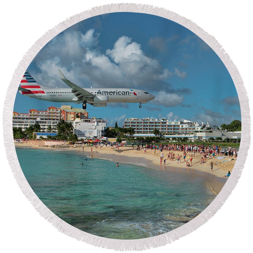 American Round Beach Towel featuring the photograph American Airlines at St. Maarten #3 by David Gleeson