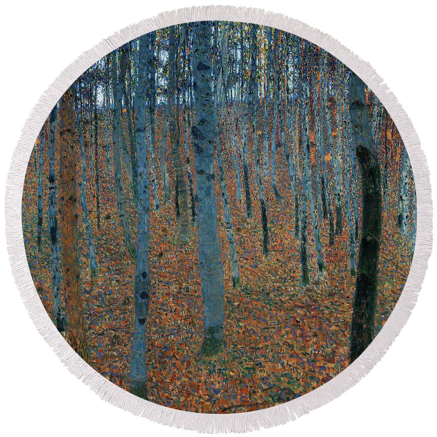 The Birch Wood Round Beach Towel featuring the painting Beech Grove #3 by Gustav Klimt