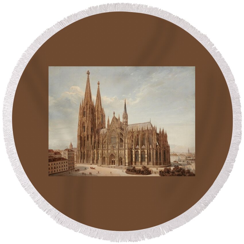 Josef Langl Round Beach Towel featuring the painting Cologne Cathedral by Josef Langl