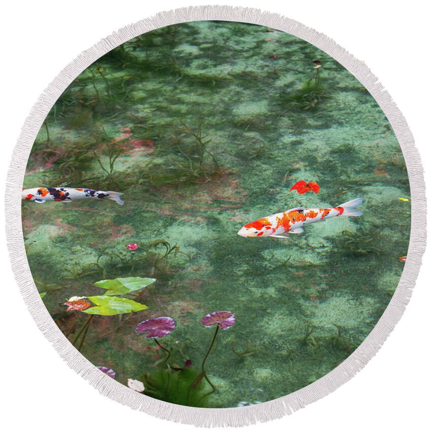 Colored Carp Round Beach Towel featuring the photograph Colored Carp at Monet's Pond #3 by Hisao Mogi