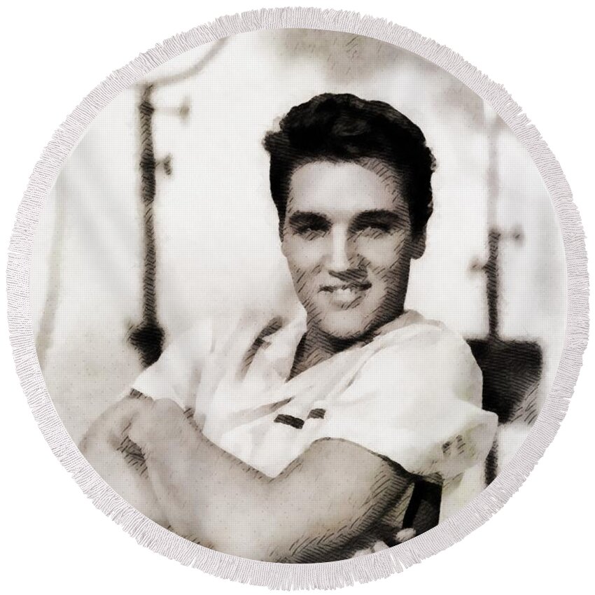 Cinema Round Beach Towel featuring the painting Elvis Presley, Music Legend #3 by Esoterica Art Agency