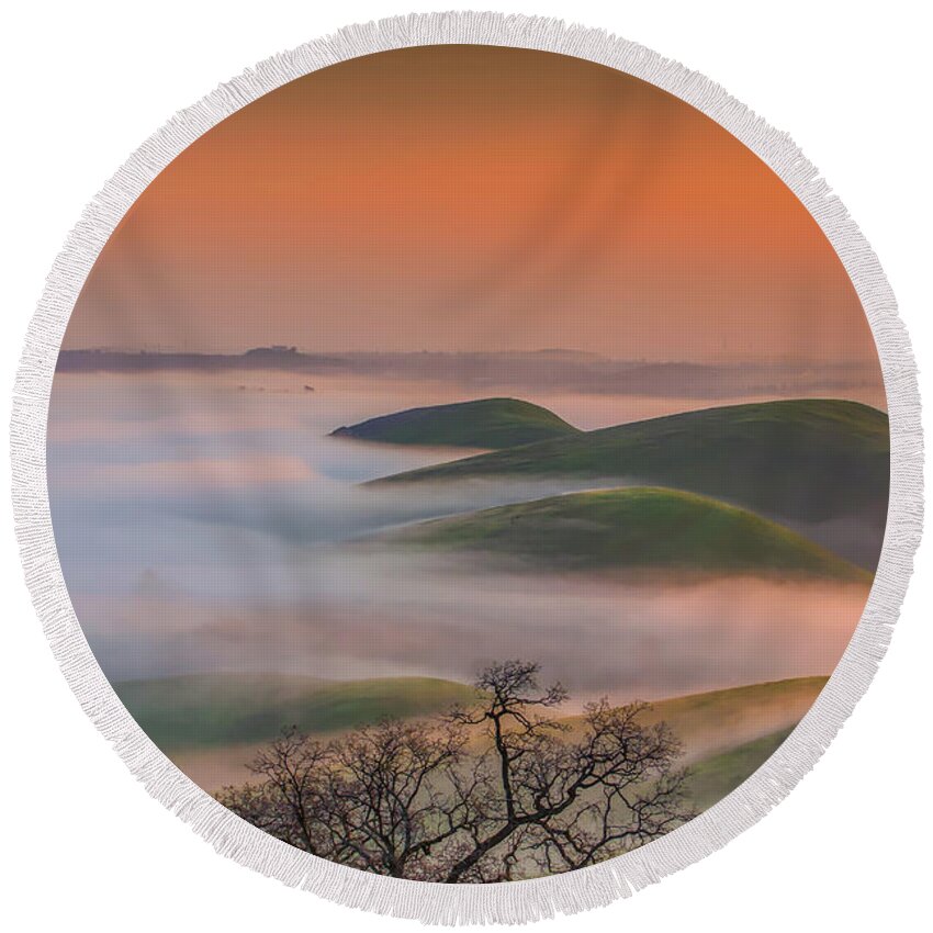 Landscape Round Beach Towel featuring the photograph Fog at Sunrise #3 by Marc Crumpler