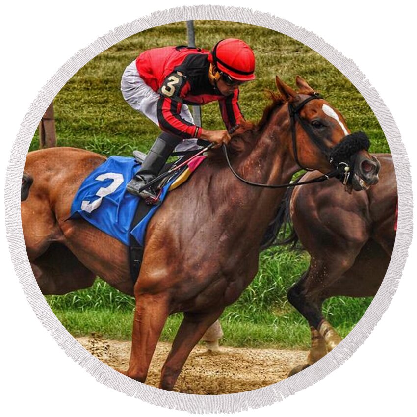 Race Horsing Round Beach Towel featuring the photograph 3 Gaining by Jeffrey Perkins