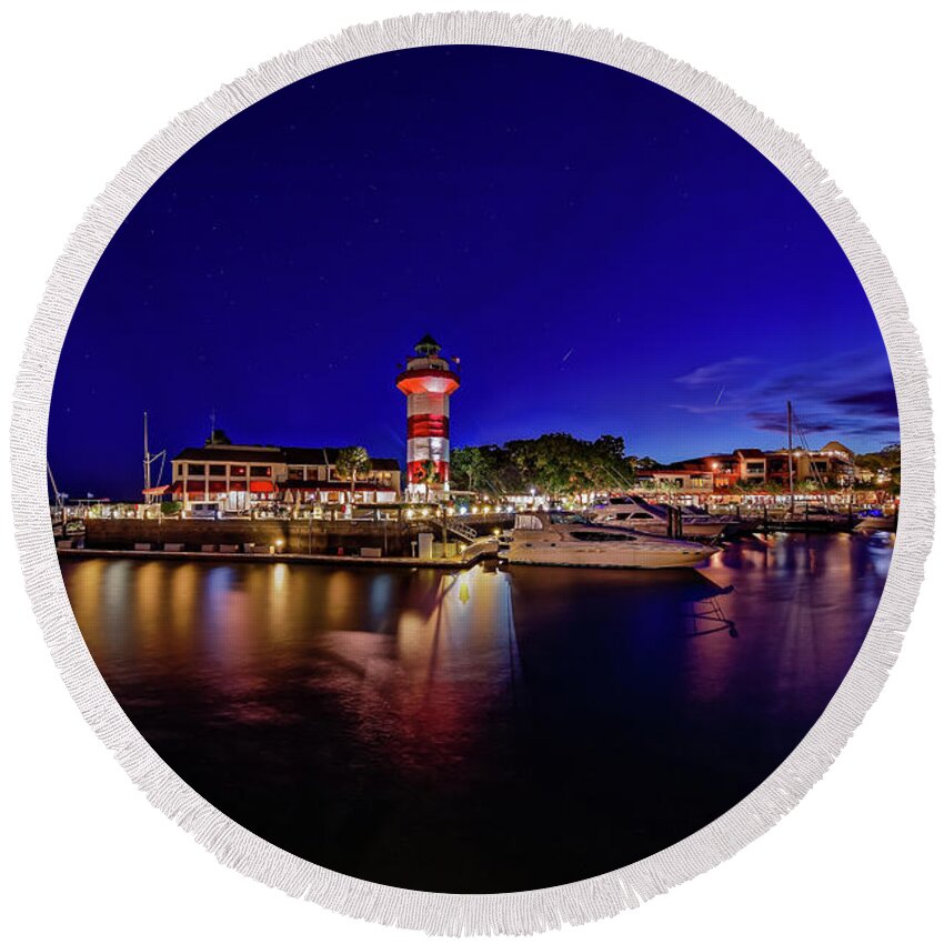 Lighthouse By Night Round Beach Towel featuring the photograph Hilton Head Island Lighthouse #3 by Peter Lakomy
