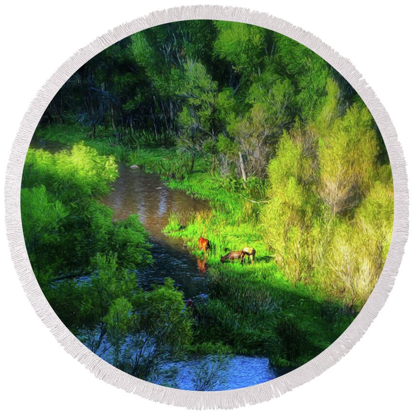 Animals Round Beach Towel featuring the photograph 3 Horses grazing on the bank of the Verde River by Robert FERD Frank