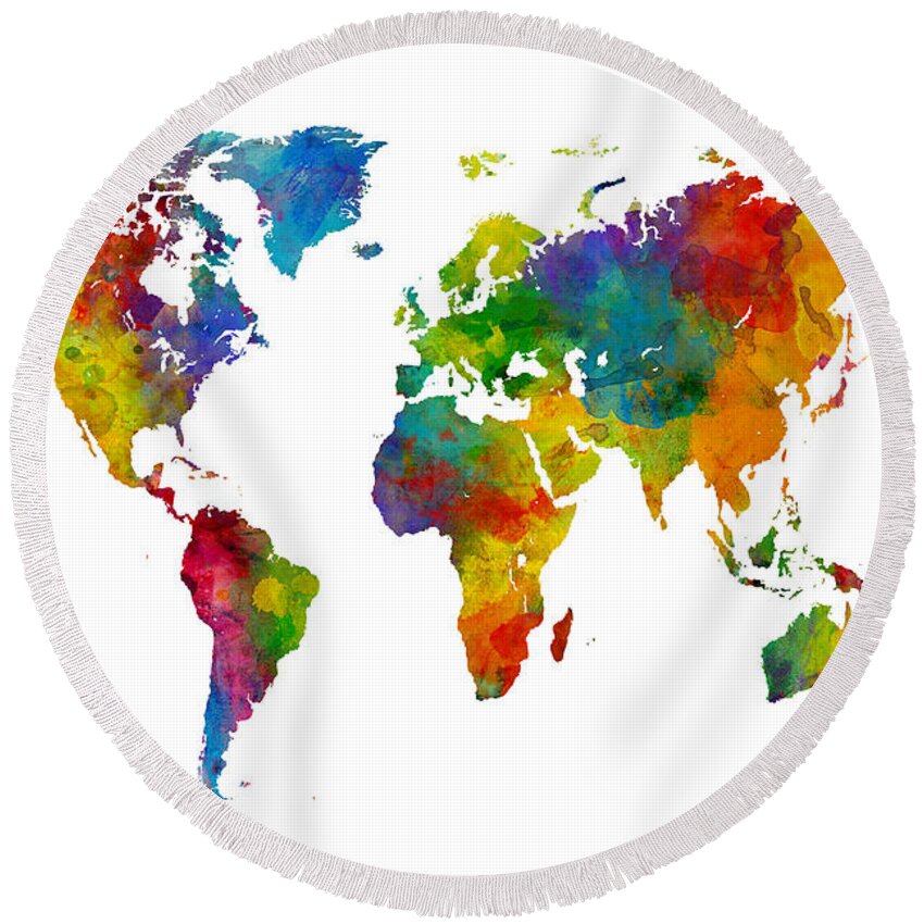 World Map Round Beach Towel featuring the digital art Map of the World Map Watercolor by Michael Tompsett