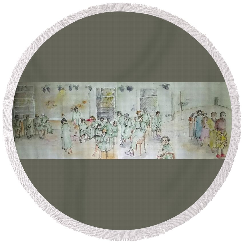 Mental Illness. Patients. Mental Asylum Round Beach Towel featuring the painting Mental Illness Hurts Album #3 by Debbi Saccomanno Chan