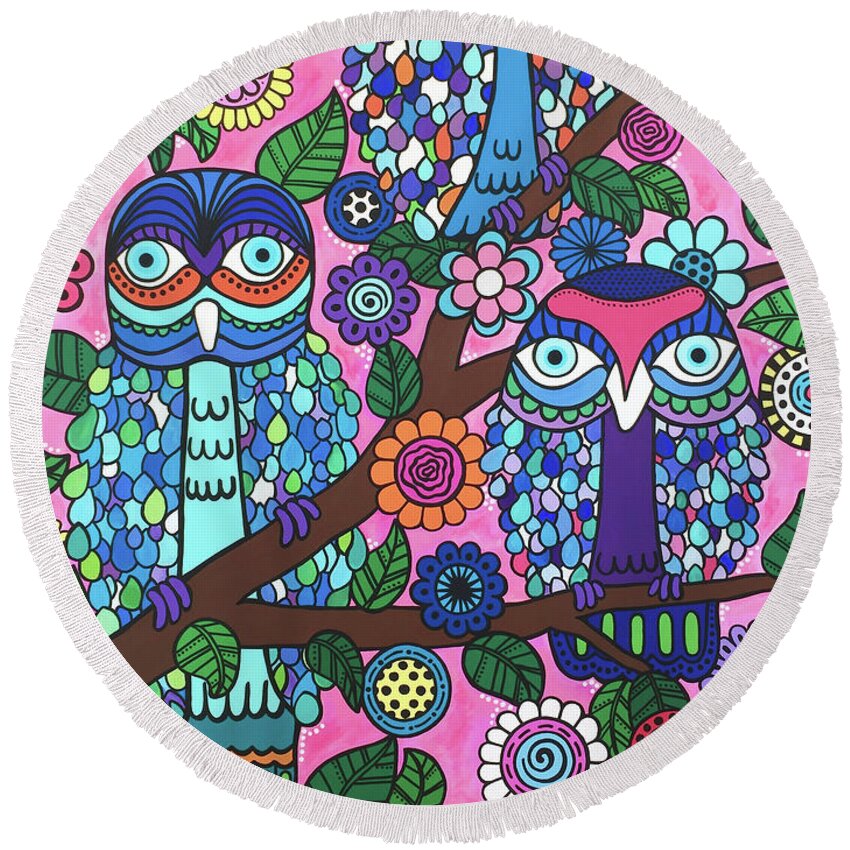 Owls Round Beach Towel featuring the painting 3 Owls by Beth Ann Scott