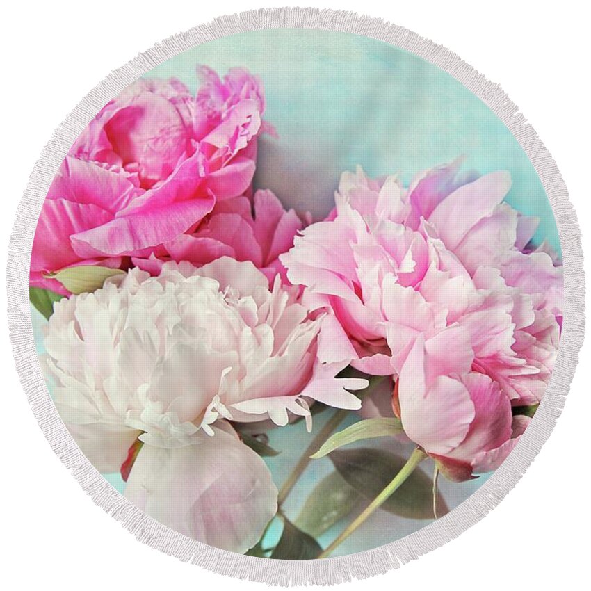 Photography Round Beach Towel featuring the photograph 3 Peonies by Sylvia Cook
