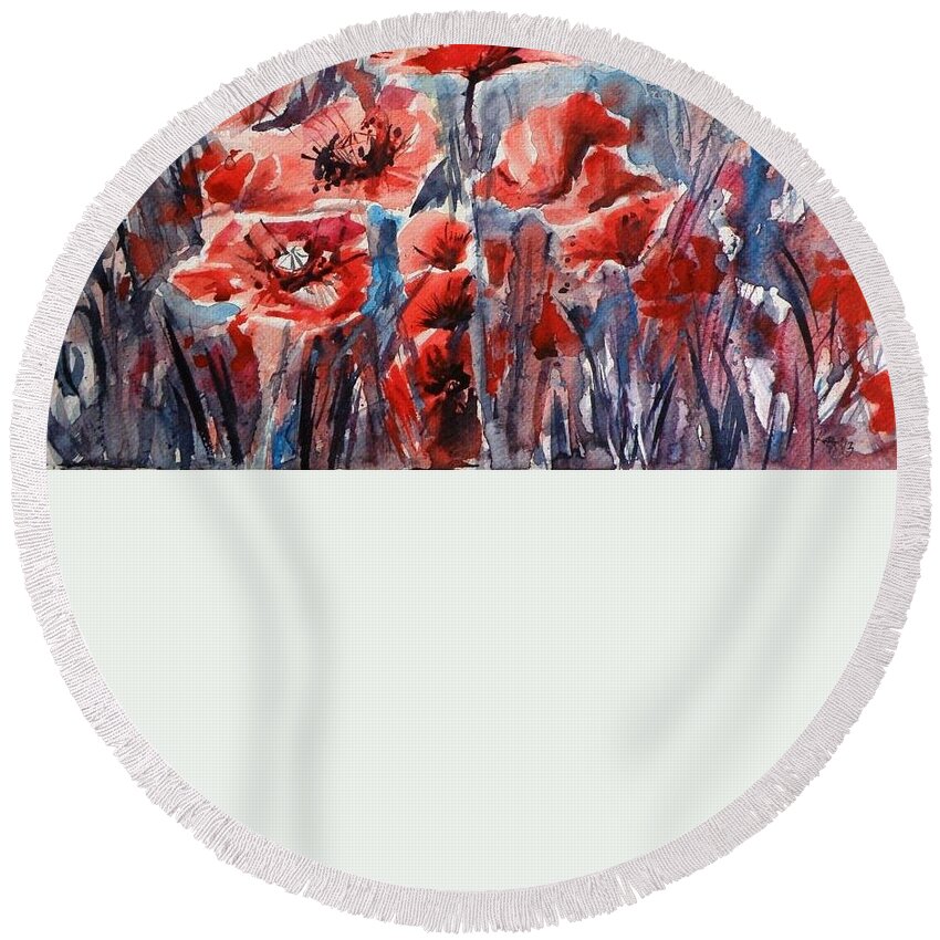 Poppies Round Beach Towel featuring the painting Poppies #12 by Kovacs Anna Brigitta