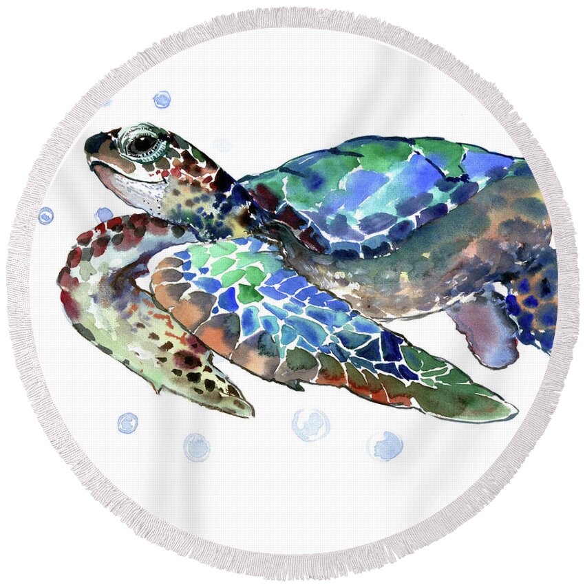 Sea Turtle Round Beach Towel featuring the painting Sea Turtle #3 by Suren Nersisyan