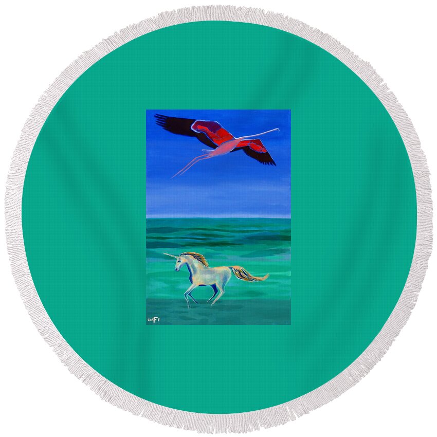 Flamingo Round Beach Towel featuring the painting Sons of the Sun by Enrico Garff