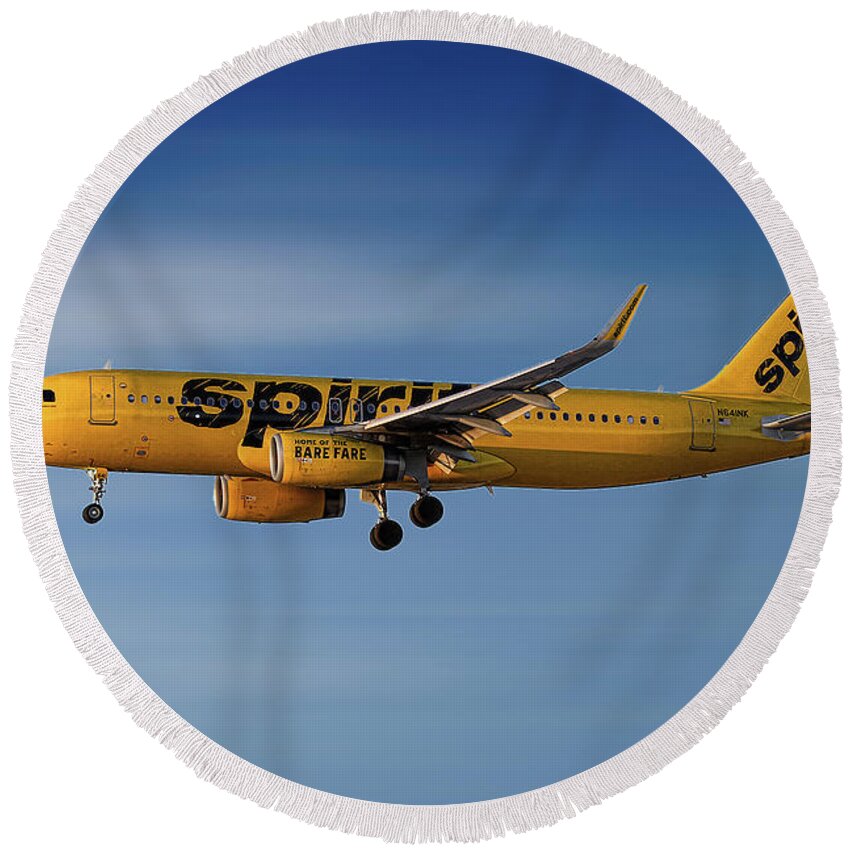 Spirit Airlines Round Beach Towel featuring the mixed media Spirit Airlines Airbus A320-232 #3 by Smart Aviation