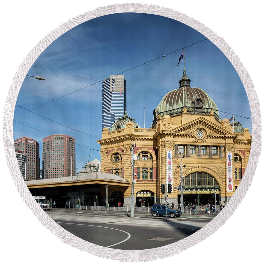 Architecture Round Beach Towel featuring the photograph Street Scene Outside Flinders Street Station In Central Melbourn #3 by JM Travel Photography
