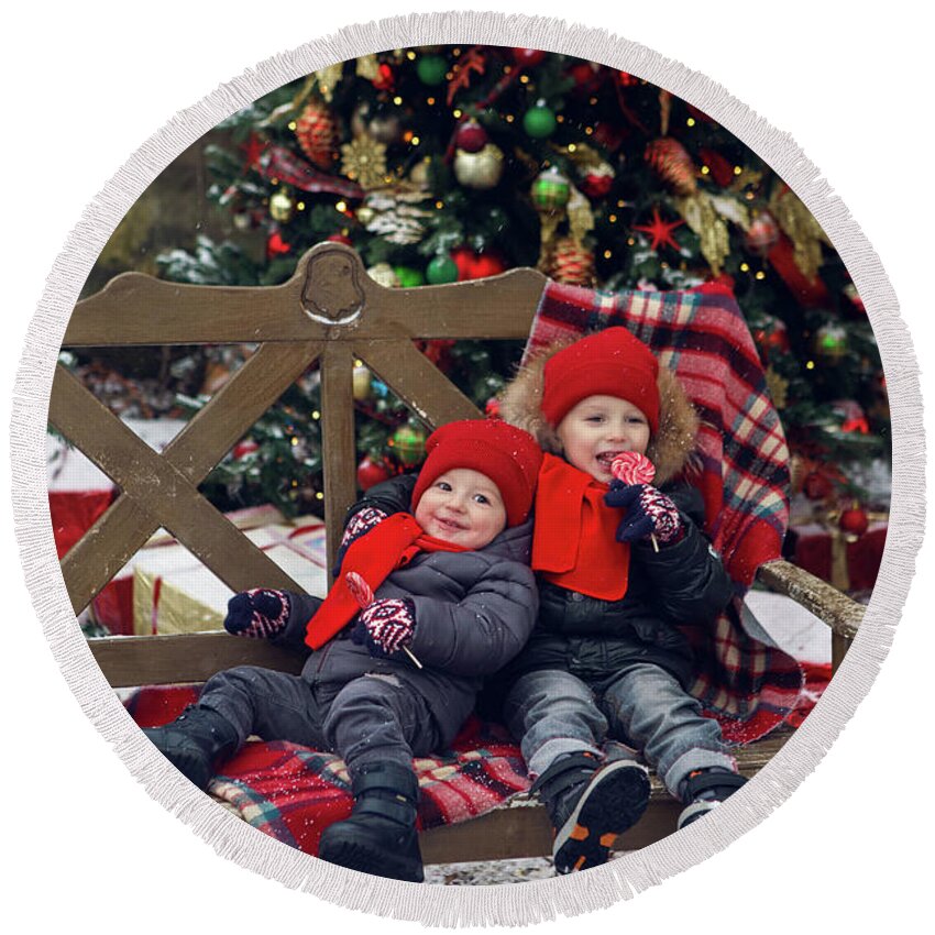Boy Round Beach Towel featuring the photograph Two Children Sitting On A Bench With Candy #3 by Elena Saulich