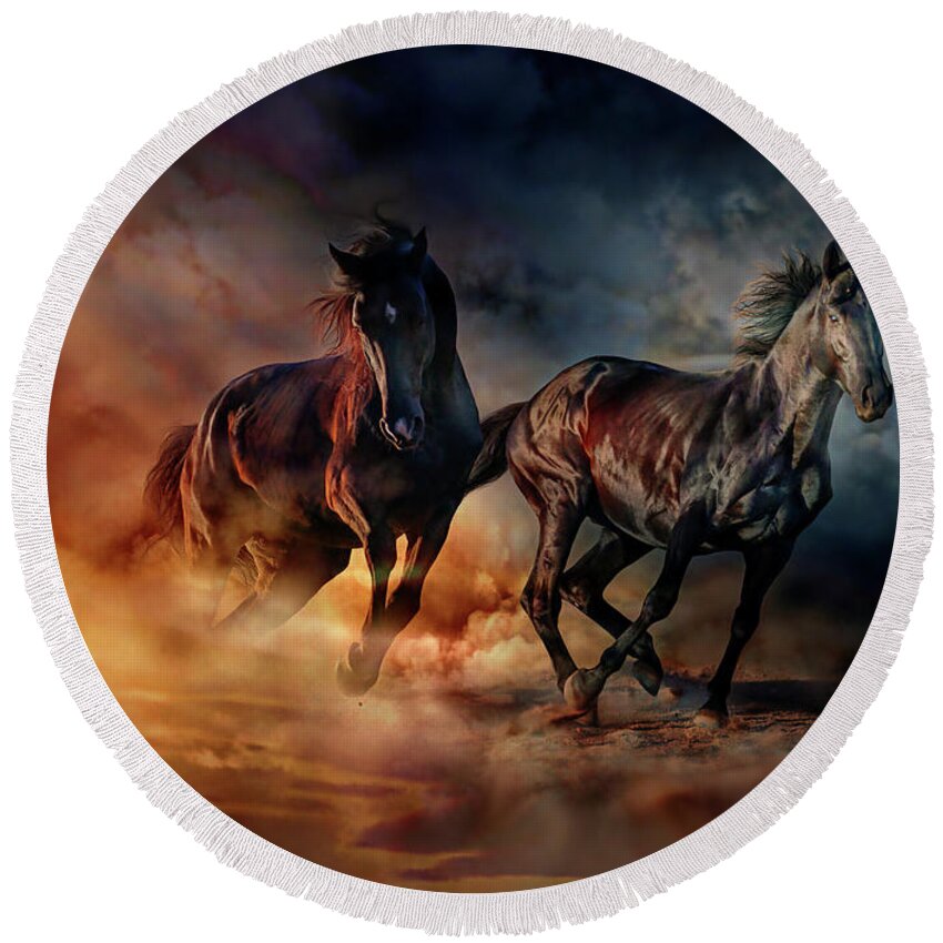 Horses Round Beach Towel featuring the painting Two horses by Lilia D