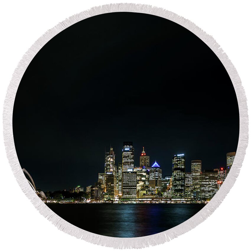 Central Business District Round Beach Towel featuring the photograph View Of Sydney City Harbour In Australia At Night #3 by JM Travel Photography