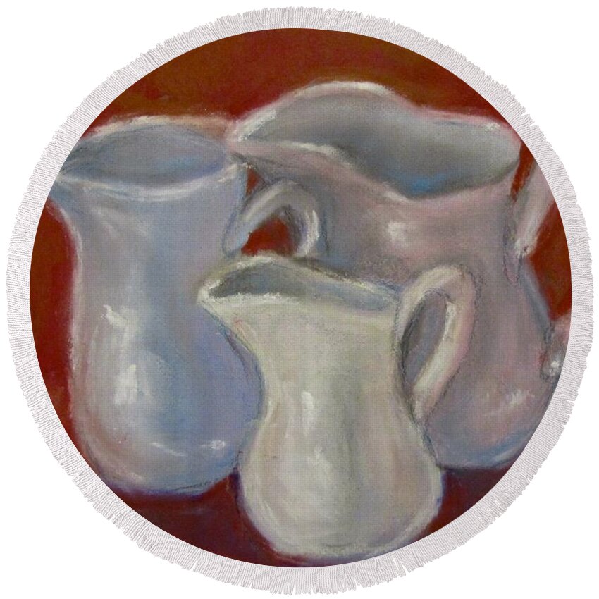 Pitchers Round Beach Towel featuring the pastel 3 White Cream Pitchers by Barbara O'Toole
