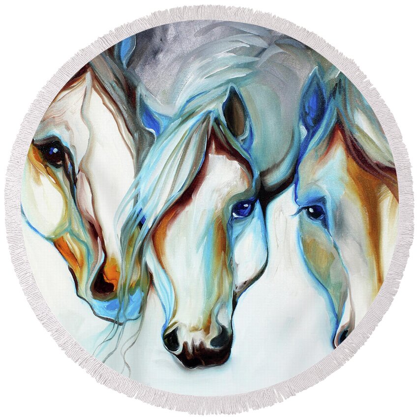Horse Round Beach Towel featuring the painting 3 WILD HORSES in ABSTRACT by Marcia Baldwin