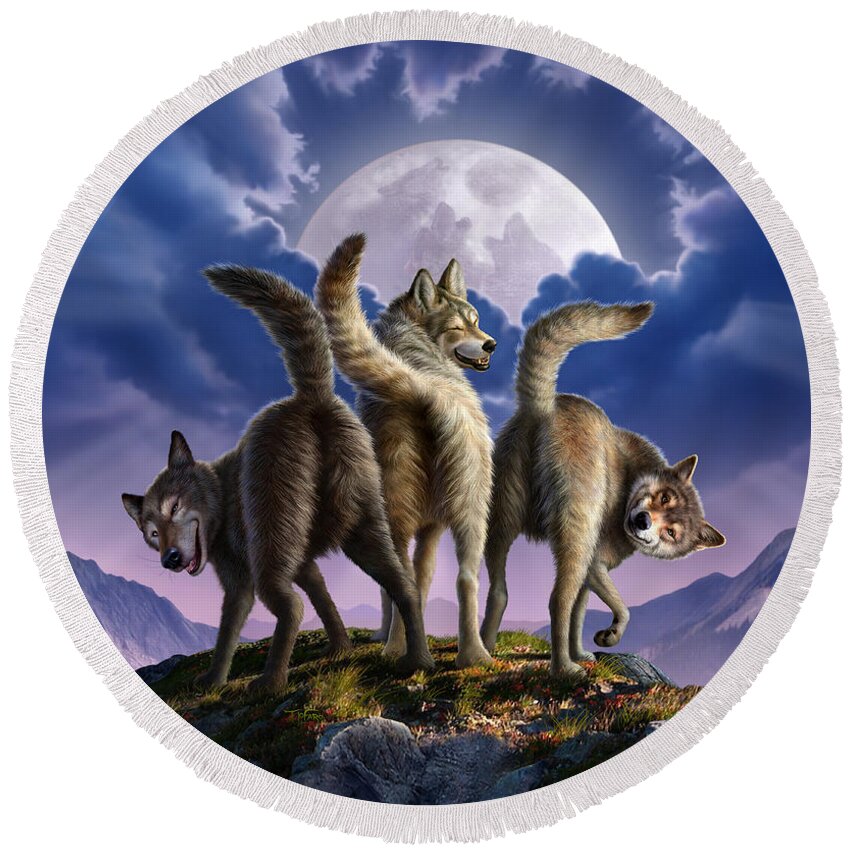Wolf Round Beach Towel featuring the digital art 3 Wolves Mooning by Jerry LoFaro