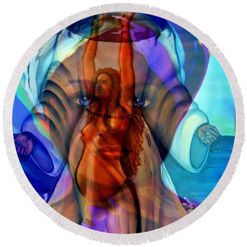 Yemaya Round Beach Towel featuring the digital art Yemaya- The Goddess #1 by Carmen Cordova