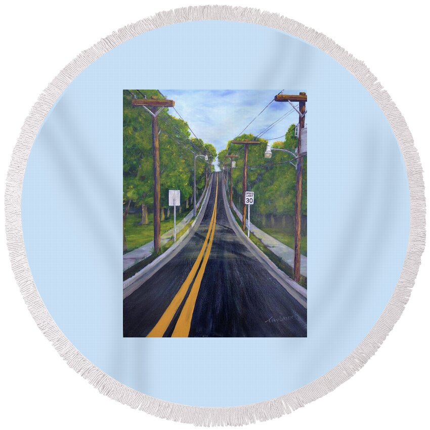 Small Town Art Round Beach Towel featuring the painting 30 Mph by Teresa Fry