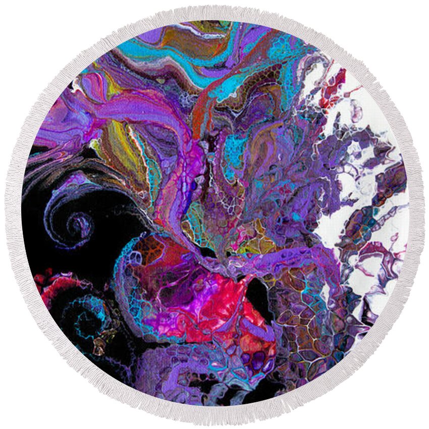 Colorful Airy Graceful Compelling Vibrant Abstract Organic Feeling Black White Purple Blue Spirals Round Beach Towel featuring the painting #3118 Flaura #3118 by Priscilla Batzell Expressionist Art Studio Gallery