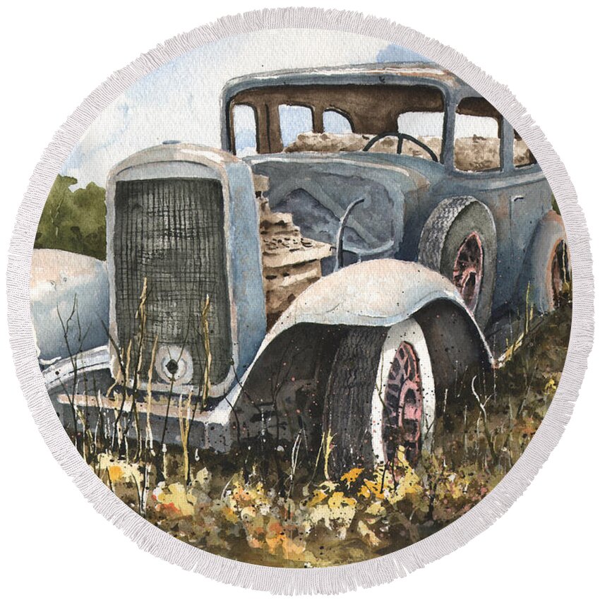 Automobile Round Beach Towel featuring the painting 32 Buick by Sam Sidders