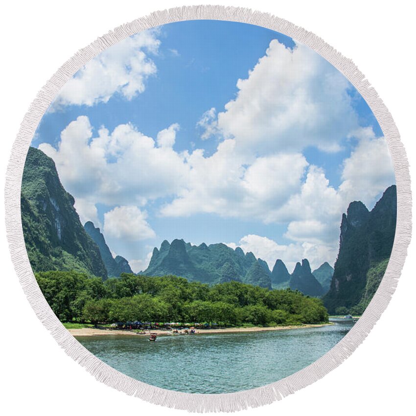 River Round Beach Towel featuring the photograph Lijiang River and karst mountains scenery #32 by Carl Ning