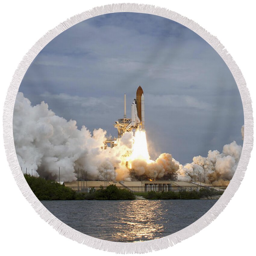 Atlantis Round Beach Towel featuring the photograph Space Shuttle Atlantis Lifts #35 by Stocktrek Images