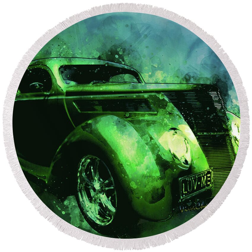 37 Round Beach Towel featuring the photograph 37 Ford Street Rod Luv Me Green Meanie by Chas Sinklier
