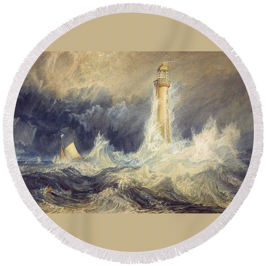  Bell Rock Lighthouse Round Beach Towel featuring the painting Bell Rock Lighthouse #4 by MotionAge Designs