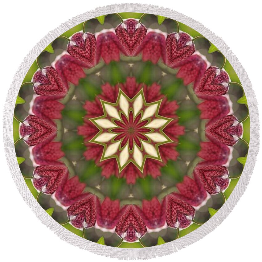 Mccombie Round Beach Towel featuring the digital art Checkered Lilies Mandala #2 by J McCombie