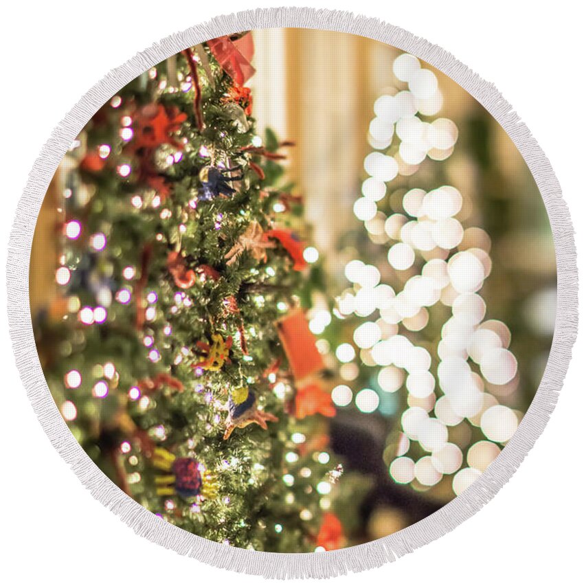Christmas Round Beach Towel featuring the photograph Christmas Tree And Decorations With Shallow Depth Of Field #4 by Alex Grichenko