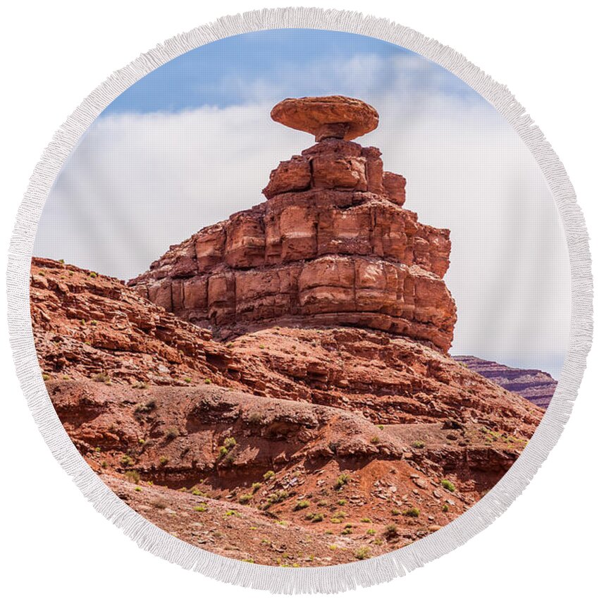 Mexican Round Beach Towel featuring the photograph Mexican Hat Rock Monument Landscape On Sunny Day #4 by Alex Grichenko
