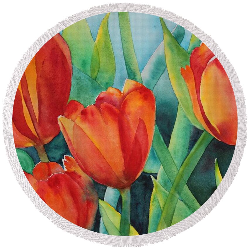 Red Flowers Round Beach Towel featuring the painting 4 Red Tulips by Ruth Kamenev