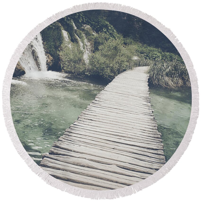 Green Round Beach Towel featuring the photograph Retro Hiking Path #4 by Brandon Bourdages