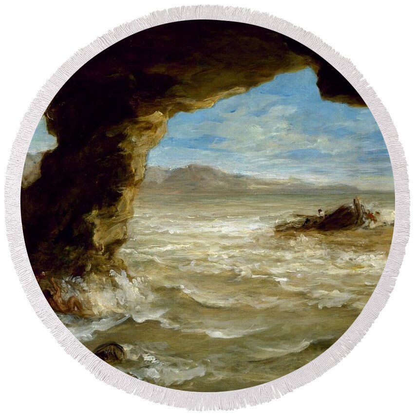 Shipwreck Round Beach Towel featuring the painting Shipwreck on the Coast #5 by Eugene Delacroix