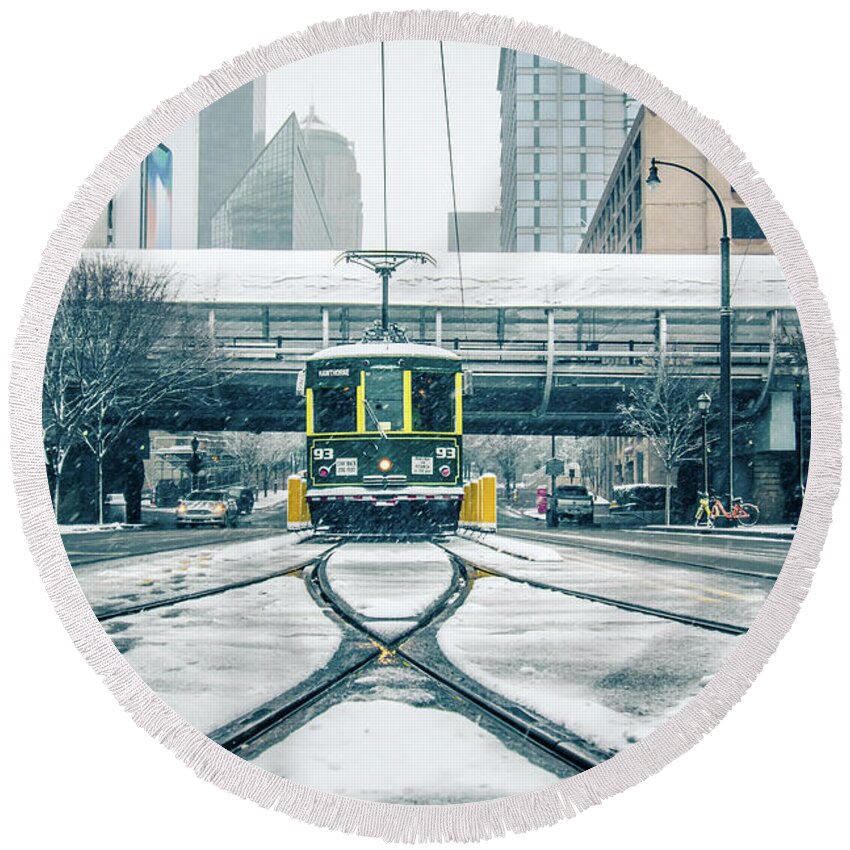 Streetcar Round Beach Towel featuring the photograph Streetcar Waiting For Passengers In Snowstrom In Uptown Charlott #4 by Alex Grichenko