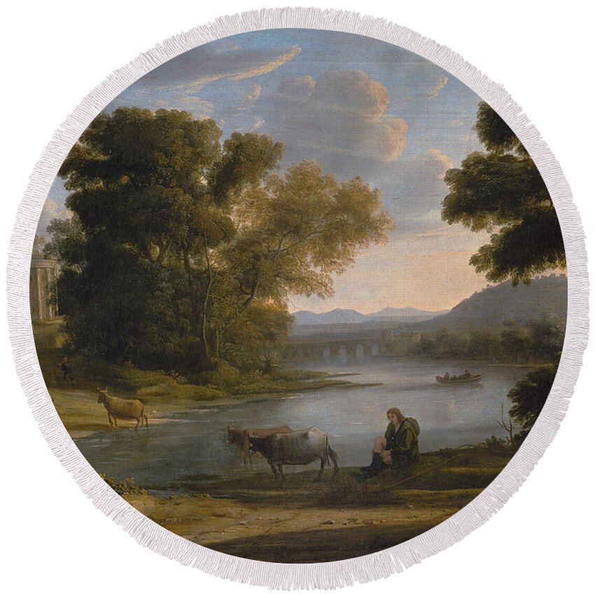 Claude Lorrain Round Beach Towel featuring the painting The Ford #5 by Claude Lorrain