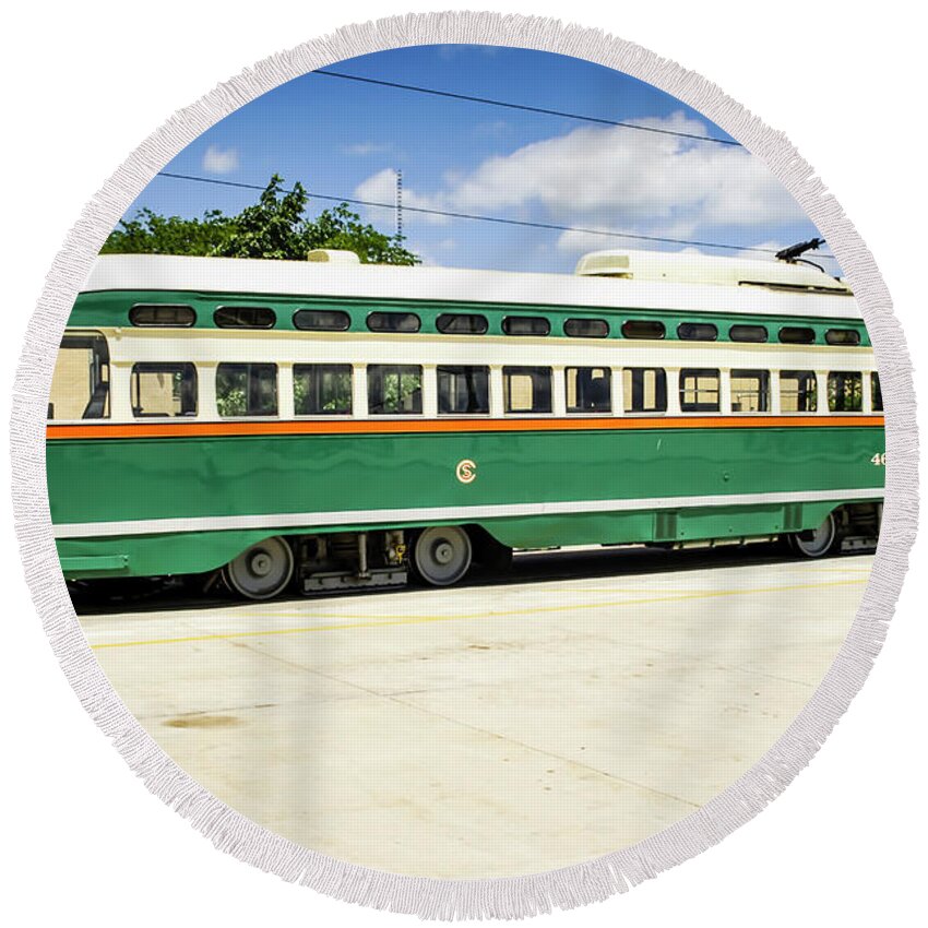 Clean Round Beach Towel featuring the photograph Trolly car in Kenosha WI #4 by Chris Smith