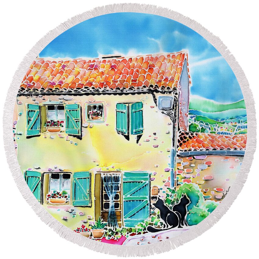 France Round Beach Towel featuring the painting View of Luberon by Hisayo OHTA